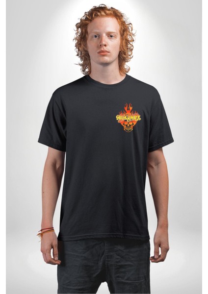 Aerosmith Fire Skull Siyah Oversize Kadın Erkek Ön ve Sırt Baskılı Tişört modelleri
