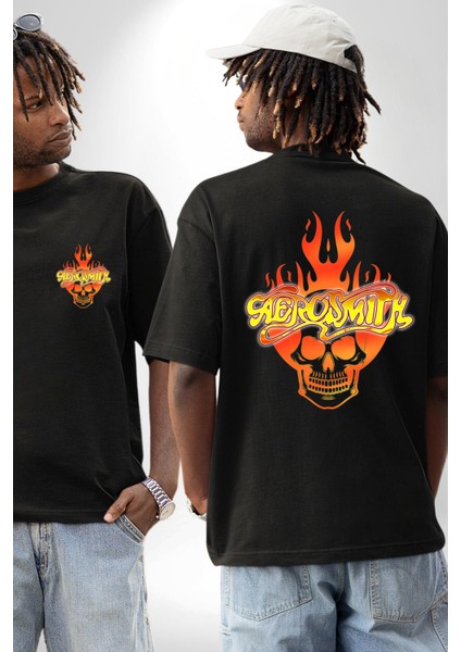 Aerosmith Fire Skull Siyah Oversize Kadın Erkek Ön ve Sırt Baskılı Tişört fırsatları
