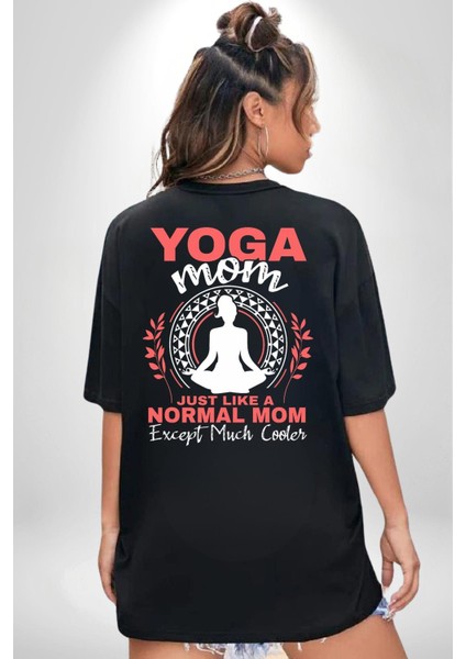 Yoga ve Anne Temalı Komik Siyah Oversize Kadın Erkek Ön ve Sırt Baskılı Tişört indirimleri