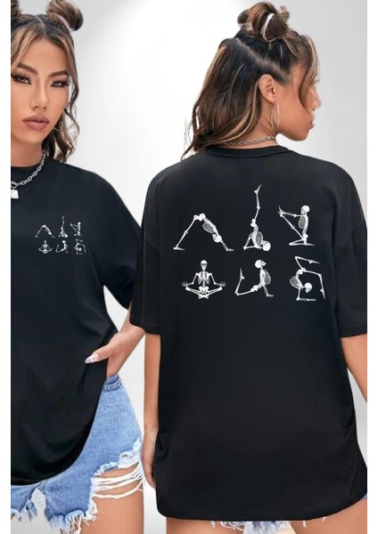 Yoga Pozlarında Iskelet Tasarımlı Siyah Oversize Kadın Erkek Ön ve Sırt Baskılı Tişört