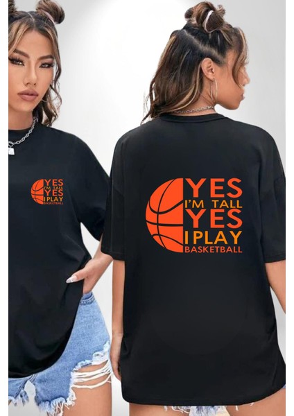 Basketbol Severlere Özel Siyah Oversize Kadın Erkek Ön ve Sırt Baskılı Tişört