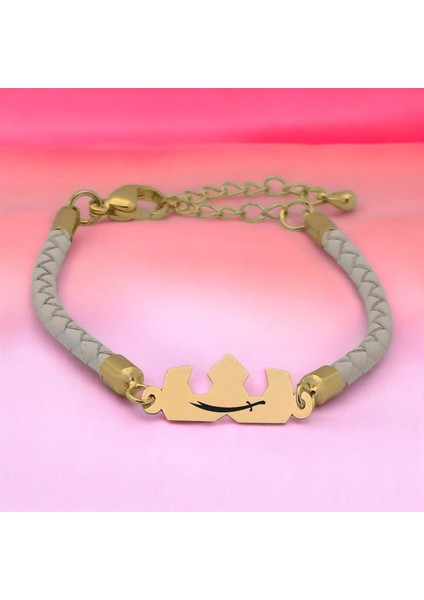 Zülfikar Temalı 14 Ayar Altın Plakalı Doğal Beyaz Derili Taç Motifli Hediye Bileklik-465SEMBOL fiyatları