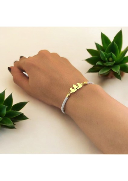 Zülfikar Temalı 14 Ayar Altın Plakalı Doğal Beyaz Derili Taç Motifli Hediye Bileklik-465SEMBOL fırsatları