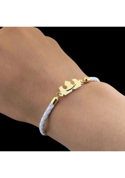 Zülfikar Temalı 14 Ayar Altın Plakalı Doğal Beyaz Derili Taç Motifli Hediye Bileklik-465SEMBOL indirimleri