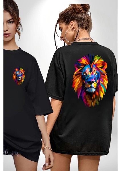 Pop Art Aslan Cesaret Temalı Siyah Oversize Kadın Erkek Ön ve Sırt Baskılı Tişört