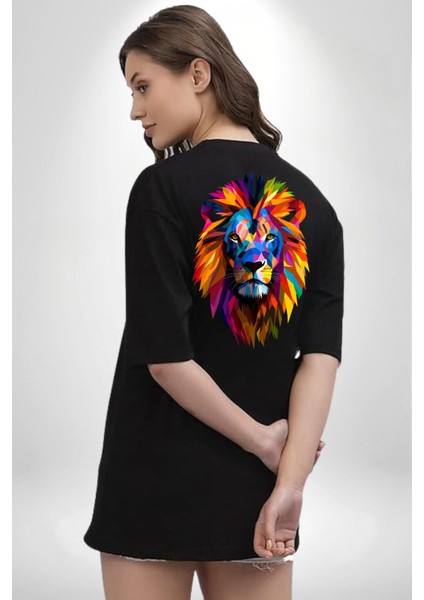 Pop Art Aslan Cesaret Temalı Siyah Oversize Kadın Erkek Ön ve Sırt Baskılı Tişört fiyatları