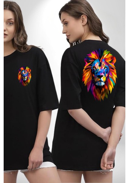 Pop Art Aslan Cesaret Temalı Siyah Oversize Kadın Erkek Ön ve Sırt Baskılı Tişört fırsatları