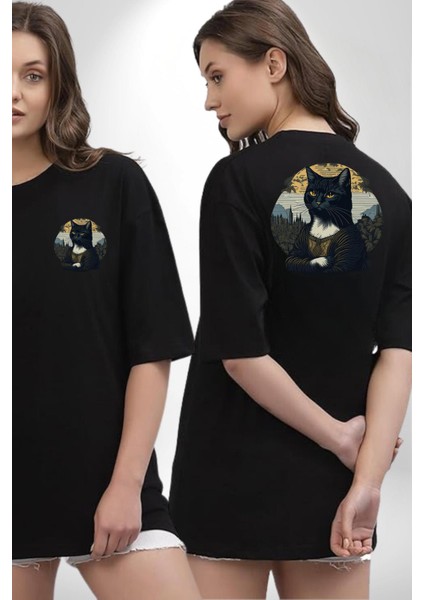 Mona Lisa Imitasyonu Kedi Tasarımı Siyah Oversize Kadın Erkek Ön ve Sırt Baskılı Tişört