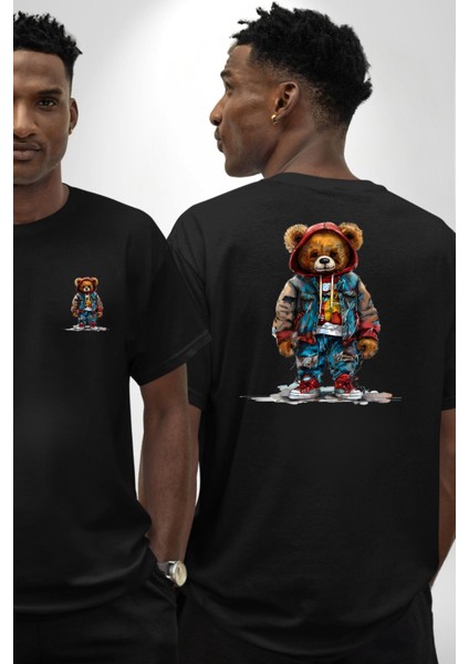 Trendy Kırmızı Sarı Taraftar Ayıcık Teddy Siyah Oversize Kadın Erkek Ön ve Sırt Baskılı Tişört