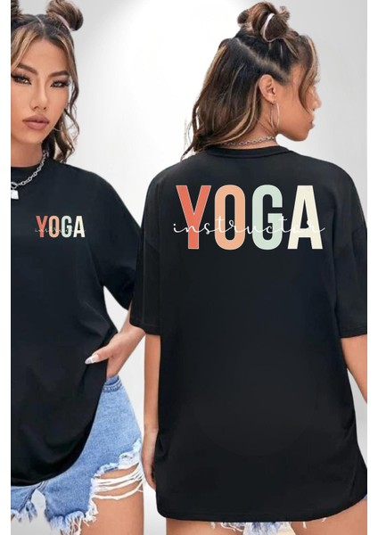 Yoga Eğitmeni Siyah Oversize Kadın Erkek Ön ve Sırt Baskılı Tişört fırsatları