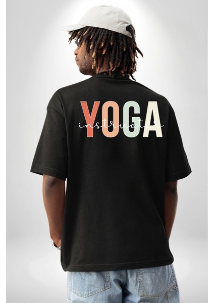 Yoga Eğitmeni Siyah Oversize Kadın Erkek Ön ve Sırt Baskılı Tişört indirimleri