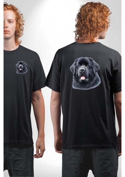 Newfoundland Güçlü Su Dostu Köpek Siyah Oversize Kadın Erkek Ön ve Sırt Baskılı Tişört