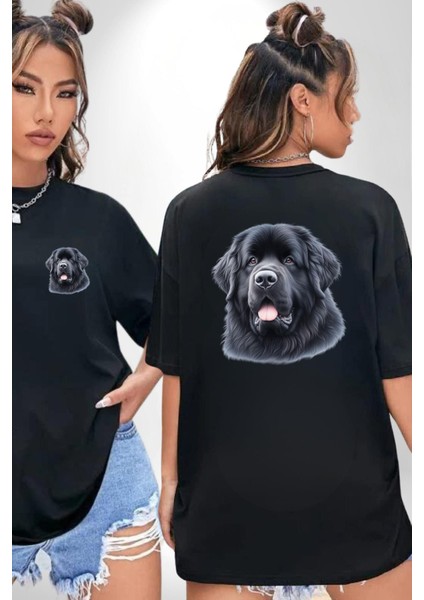 Newfoundland Güçlü Su Dostu Köpek Siyah Oversize Kadın Erkek Ön ve Sırt Baskılı Tişört fırsatları