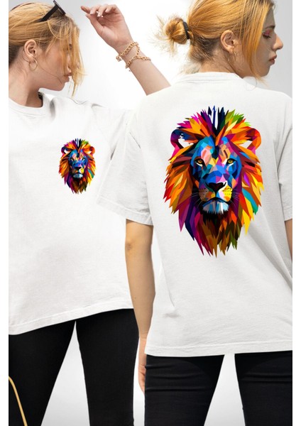 Pop Art Aslan Cesaret Temalı Beyaz Oversize Kadın Erkek Ön ve Sırt Baskılı Tişört