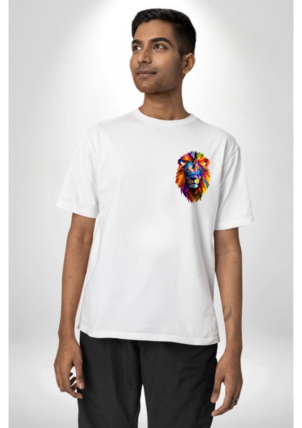 Pop Art Aslan Cesaret Temalı Beyaz Oversize Kadın Erkek Ön ve Sırt Baskılı Tişört modelleri