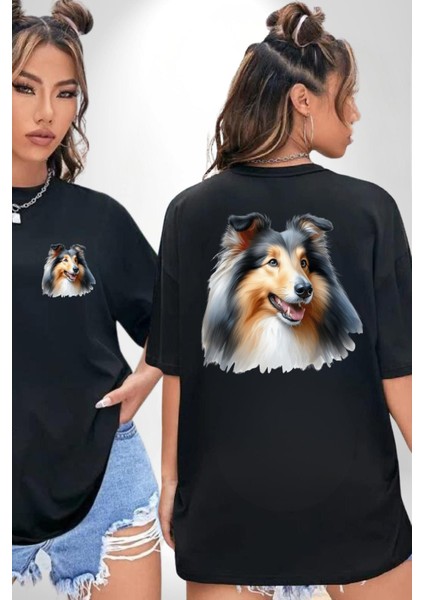 Collie Zarif Zeki Köpek Siyah Oversize Kadın Erkek Ön ve Sırt Baskılı Tişört