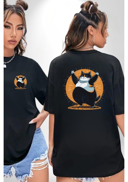 Komik Şişman Yoga Kedi Siyah Oversize Kadın Erkek Ön ve Sırt Baskılı Tişört