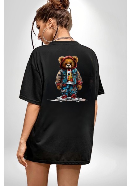 Trendy Kırmızı Sarı Taraftar Ayıcık Teddy Siyah Oversize Kadın Erkek Ön ve Sırt Baskılı Tişört fiyatları