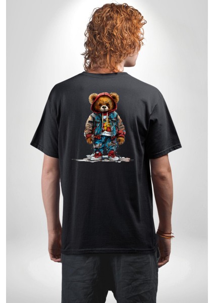 Trendy Kırmızı Sarı Taraftar Ayıcık Teddy Siyah Oversize Kadın Erkek Ön ve Sırt Baskılı Tişört indirimleri