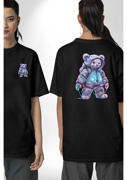 Digital Dreamer Teddy Bear Futuristic Siyah Oversize Kadın Erkek Ön ve Sırt Baskılı Tişört