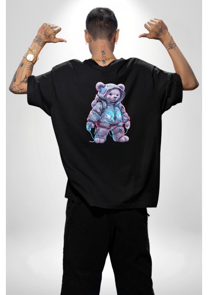 Digital Dreamer Teddy Bear Futuristic Siyah Oversize Kadın Erkek Ön ve Sırt Baskılı Tişört fiyatları