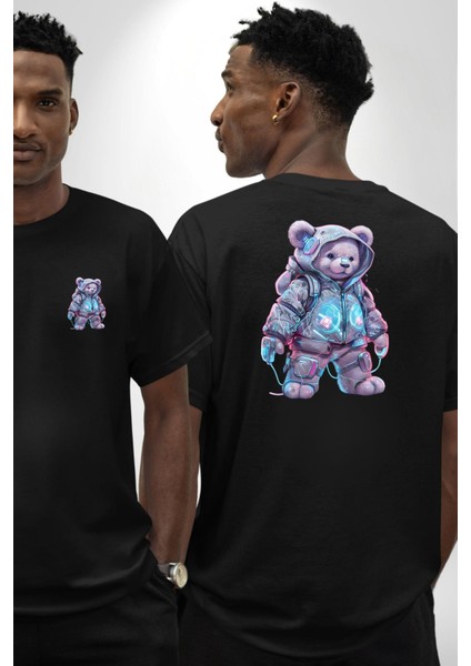 Digital Dreamer Teddy Bear Futuristic Siyah Oversize Kadın Erkek Ön ve Sırt Baskılı Tişört fırsatları
