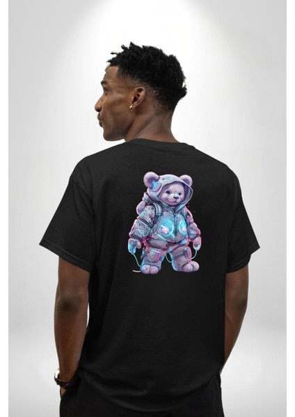 Digital Dreamer Teddy Bear Futuristic Siyah Oversize Kadın Erkek Ön ve Sırt Baskılı Tişört indirimleri