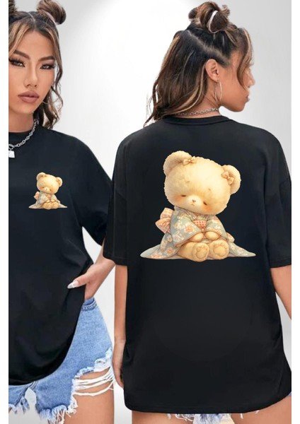Çiçek Desenli Pastel Ton Ayıcık ve Çiçek Siyah Oversize Kadın Erkek Ön ve Sırt Baskılı Tişört fırsatları
