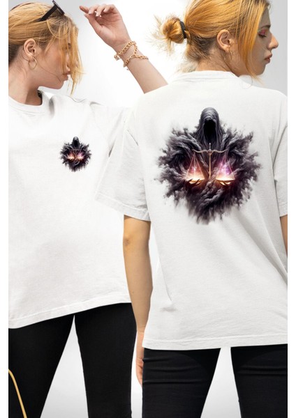 Terazi Burçu Özel Tasarım Beyaz Oversize Kadın Erkek Ön ve Sırt Baskılı Tişört