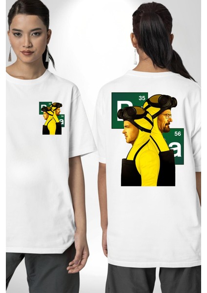 Suç ve Kimya Breaking Bad Tarzı Dizi Temalı Beyaz Oversize Kadın Erkek Ön ve Sırt Baskılı Tişört