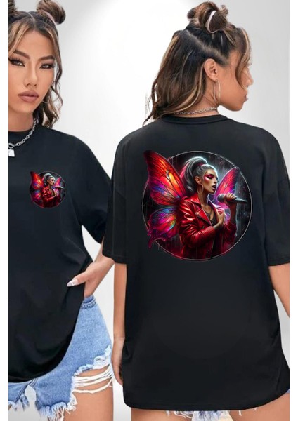 Neon Kelebek Kanatlı Mikrofonlu Genç Kız Siyah Oversize Kadın Erkek Ön ve Sırt Baskılı Tişört fırsatları