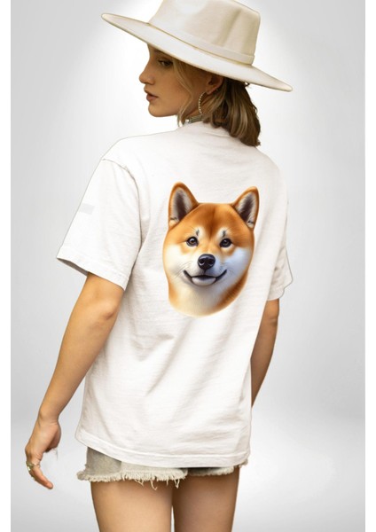 Shiba Inu Sevimli Sevgi Köpek Tasarımı Beyaz Oversize Kadın Erkek Ön ve Sırt Baskılı Tişört fiyatları