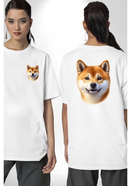 Shiba Inu Sevimli Sevgi Köpek Tasarımı Beyaz Oversize Kadın Erkek Ön ve Sırt Baskılı Tişört fırsatları