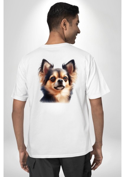 Sevimli Chihuahua Küçük Irk Köpek Beyaz Oversize Kadın Erkek Ön ve Sırt Baskılı Tişört indirimleri