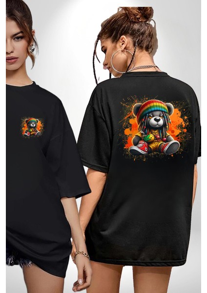 Teddy Bear Ayı Renkli Rasta Ayakkabı Tulum Siyah Oversize Kadın Erkek Ön ve Sırt Baskılı Tişört