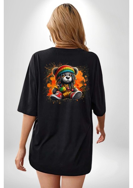 Teddy Bear Ayı Renkli Rasta Ayakkabı Tulum Siyah Oversize Kadın Erkek Ön ve Sırt Baskılı Tişört fiyatları