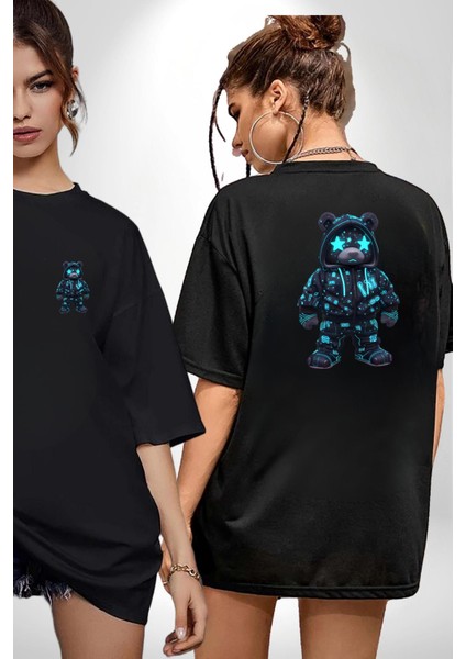 Neon Gece Parıltılı Cyberpunk Teddy Ayı Siyah Oversize Kadın Erkek Ön ve Sırt Baskılı Tişört
