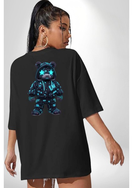 Neon Gece Parıltılı Cyberpunk Teddy Ayı Siyah Oversize Kadın Erkek Ön ve Sırt Baskılı Tişört fiyatları