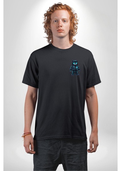 Neon Gece Parıltılı Cyberpunk Teddy Ayı Siyah Oversize Kadın Erkek Ön ve Sırt Baskılı Tişört modelleri