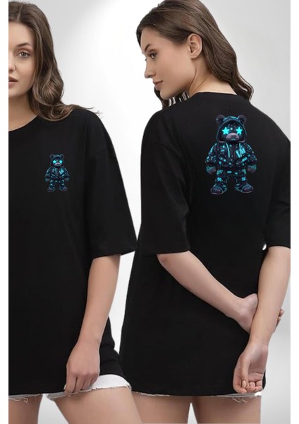 Neon Gece Parıltılı Cyberpunk Teddy Ayı Siyah Oversize Kadın Erkek Ön ve Sırt Baskılı Tişört fırsatları