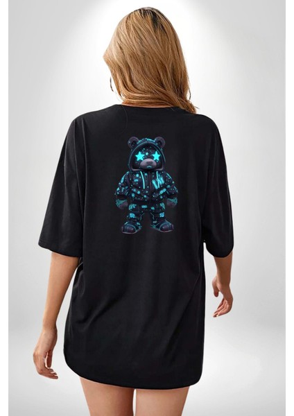 Neon Gece Parıltılı Cyberpunk Teddy Ayı Siyah Oversize Kadın Erkek Ön ve Sırt Baskılı Tişört indirimleri