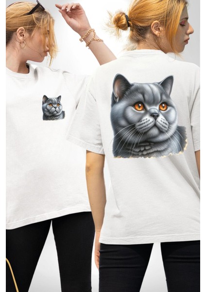 Exotic Shorthair Kedi Beyaz Oversize Kadın Erkek Ön ve Sırt Baskılı Tişört