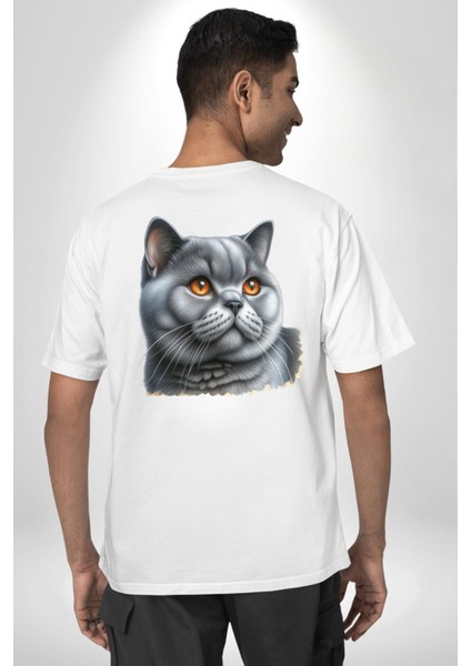 Exotic Shorthair Kedi Beyaz Oversize Kadın Erkek Ön ve Sırt Baskılı Tişört fiyatları
