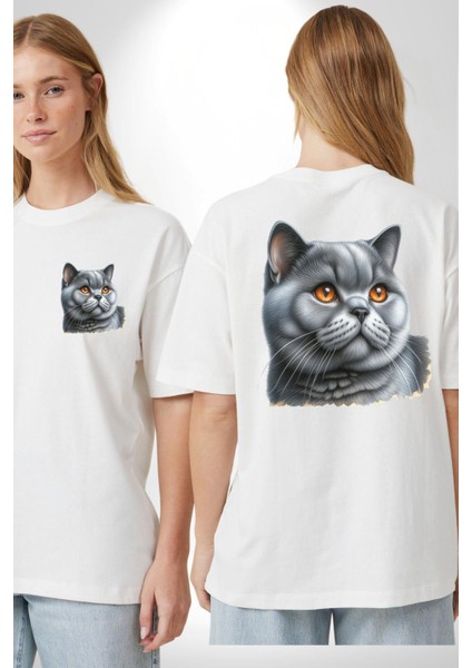 Exotic Shorthair Kedi Beyaz Oversize Kadın Erkek Ön ve Sırt Baskılı Tişört fırsatları