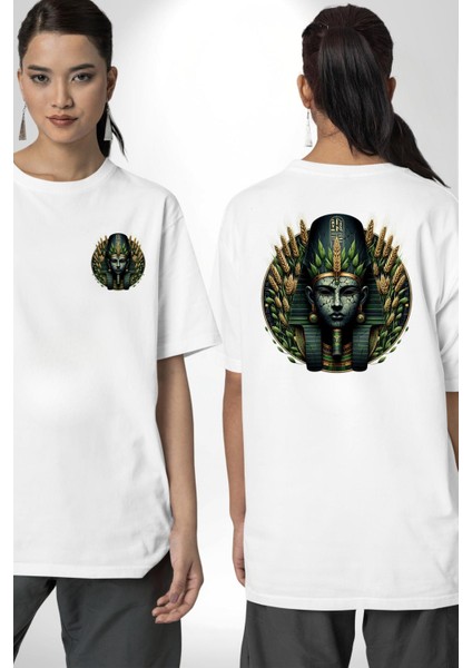 Neper Tanrısı Antik Bereket Sembolü Mısır Beyaz Oversize Kadın Erkek Ön ve Sırt Baskılı Tişört