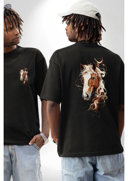 Sanatsal At Tasarımı Siyah Oversize Kadın Erkek Ön ve Sırt Baskılı Tişört