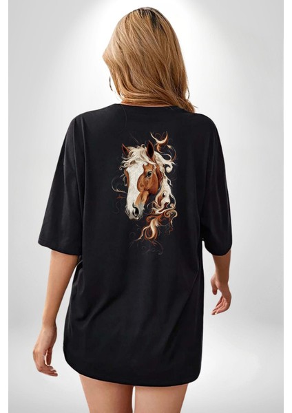 Sanatsal At Tasarımı Siyah Oversize Kadın Erkek Ön ve Sırt Baskılı Tişört fiyatları