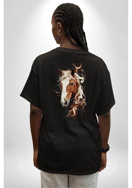 Sanatsal At Tasarımı Siyah Oversize Kadın Erkek Ön ve Sırt Baskılı Tişört indirimleri