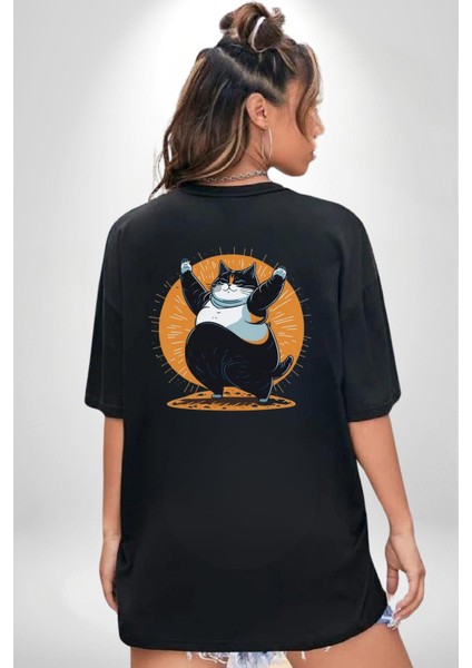 Komik Şişman Yoga Kedi Siyah Oversize Kadın Erkek Ön ve Sırt Baskılı Tişört fiyatları