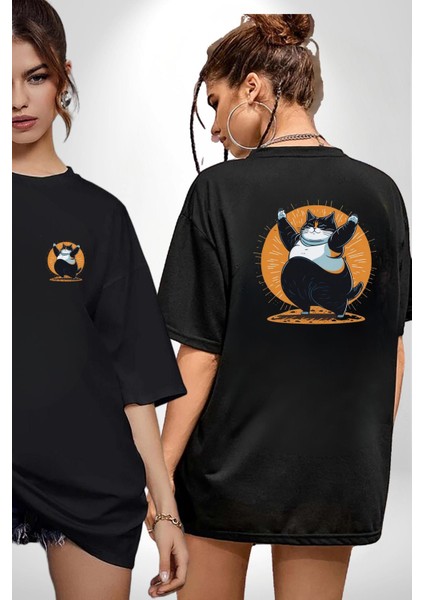 Komik Şişman Yoga Kedi Siyah Oversize Kadın Erkek Ön ve Sırt Baskılı Tişört fırsatları